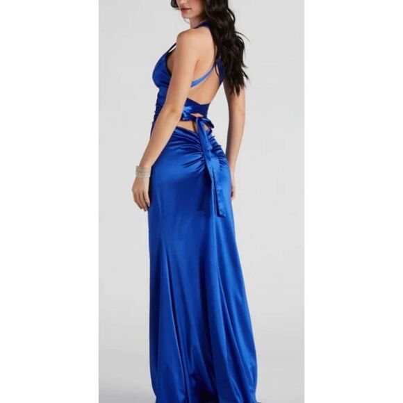 B Darlin Open Back Satin Royal Blue Size 5 Side Slit Maxi Dress NEW - Picture 2 of 9